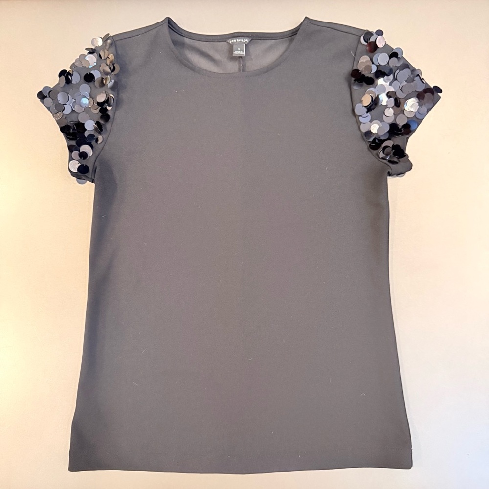 Ann Taylor Black Sequin Sleeve Top - Size Small